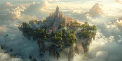An enchanting castle is seen floating among the clouds in this aerial view photo