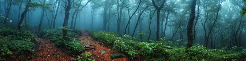 A path in a foggy forest with trees, leaves, and grass on the ground photo
