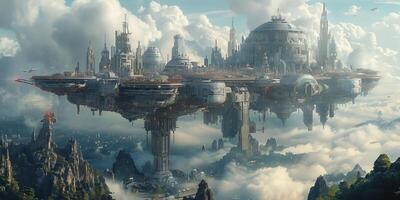 A stunning futuristic city is suspended in the sky among the clouds photo