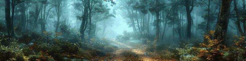 Imagine a path through a foggy forest with trees and colorful flowers photo
