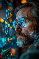 Man in glasses looking at computer, maybe involved in entertainment or music photo