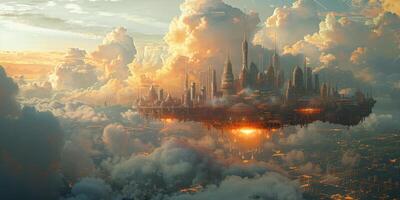 A futuristic city floating in the clouds at sunset photo