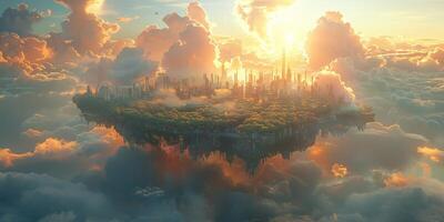 An aerial view of a floating city in the clouds during sunset photo