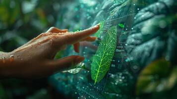 A womans hand is making contact with a leaf displayed on an advanced screen photo