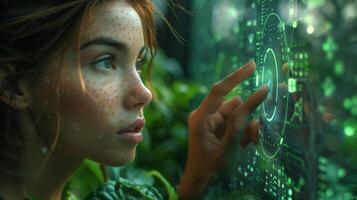A woman with freckles is observing a hightech display photo