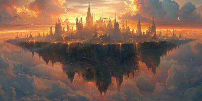 A futuristic city is floating high in the clouds during sunset photo