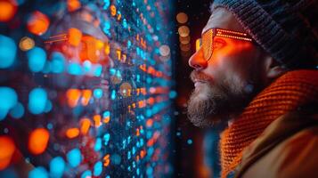 A man with glasses is focused on a screen displaying numbers photo