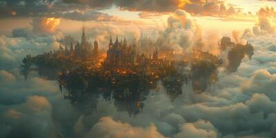 A city floating in clouds surrounded by beautiful landscape under the sky photo