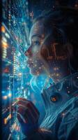 Woman looks at computer through window in dark room under blue light photo