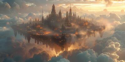 A futuristic city is suspended in the clouds as the sun sets photo
