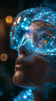 A close up image shows a person wearing a virtual reality headset photo