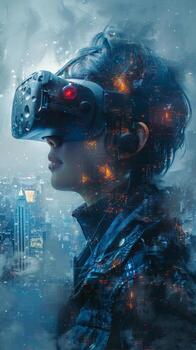 Man wearing a virtual reality headset with a city skyline in the background photo