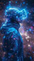 In the dimly lit room, someone is immersed in virtual reality with a headset photo