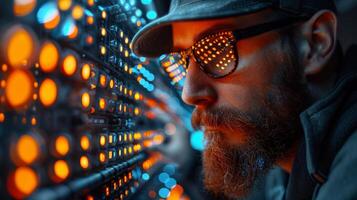 A man with a beard, glasses, and hat is working on a server photo