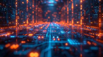 Computer generated futuristic city with circuit board in background photo