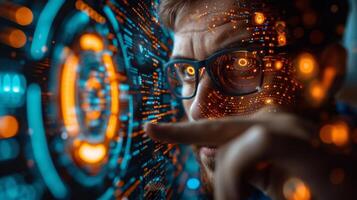 Man in glasses looks at futuristic screen with various keywords photo