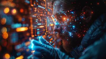 A man wearing goggles is focused on a computer screen in a tech event photo