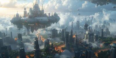 Observing a modern city high in the skies, surrounded by clouds photo