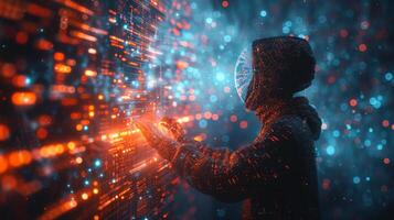 A hacker wearing a mask is sitting in front of a computer photo