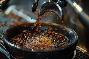 Coffee is being poured into a pan filled with coffee beans photo
