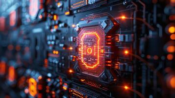 Close up of a computer chip with orange lights coming out photo