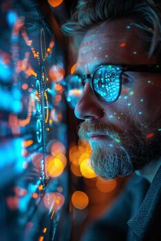 un hombre con lentes miradas a un computadora pantalla en un foto