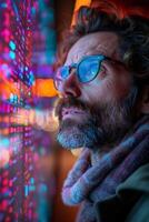 A man wearings glasses and sporting a beard is gazing at a computer monitor photo