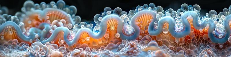 A close up photo of a jellyfish surrounded by bubbles underwater