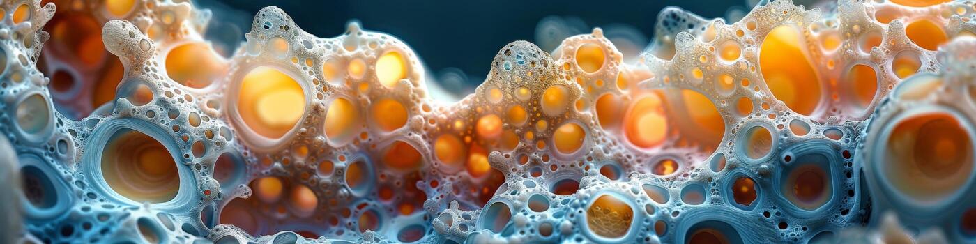 A close up of a foamy substance with numerous holes in it, underwater photo