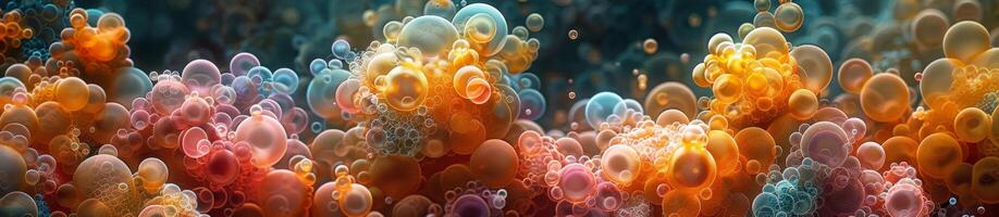 A myriad of vibrant bubbles float in the water near a reef photo