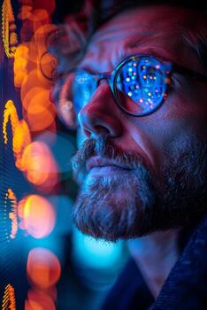 Man with glasses looking at computer screen, keywords Purple, Human, Beard photo