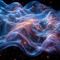 Computer generated glowing particle wave on black background photo