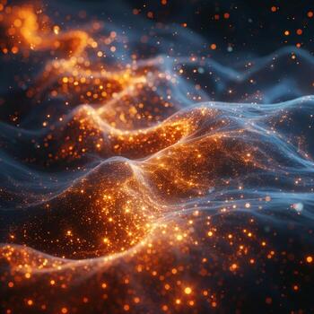 A digital illustration showing a luminous particle wave in an orange sky photo