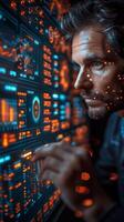 A man is staring at a screen filled with numerous numbers and data photo