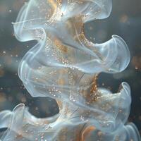 Closeup swirling smoke pattern with shimmering gold sparkles photo