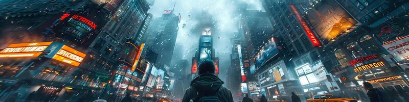In a snowy city at night, a man is seen walking through the streets photo
