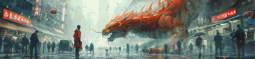 In the artwork, a man wearing a red coat faces a giant red dragon photo