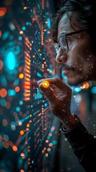 In the image, a man is seen holding a coin in front of a computer screen photo