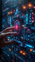 A person is using their finger to interact with a hightech display photo