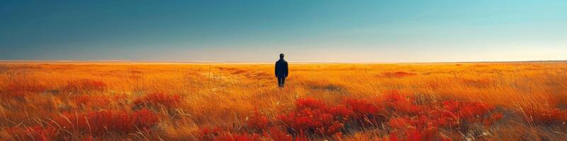 A man is in the middle of a vast field of tall grass under the sky photo