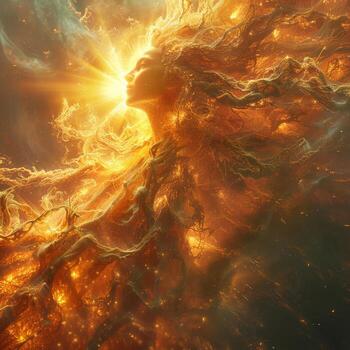 The image depicts a womans face engulfed in flames photo