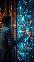 Man looks at futuristic screen with city in background photo