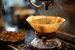 A closeup view of coffee being poured into a filter on a wooden surface photo