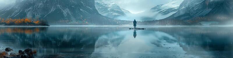 A person stands on a small island in a lake with mountains in the background photo