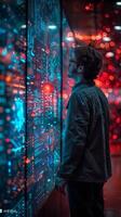 A man stands in front of a glass wall, looking at a computer screen photo