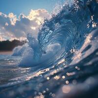 A wave in the ocean is crashing onto the sandy shore photo