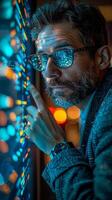 A man with a beard and glasses is observing a computer monitor photo