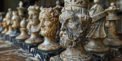 Chess pieces with facial expressions on wooden table photo