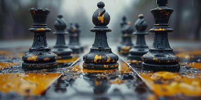 A close up of a chess board with pieces on it in the rain photo