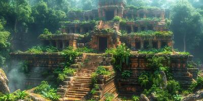 Brick building in forest surrounded by trees and plants photo